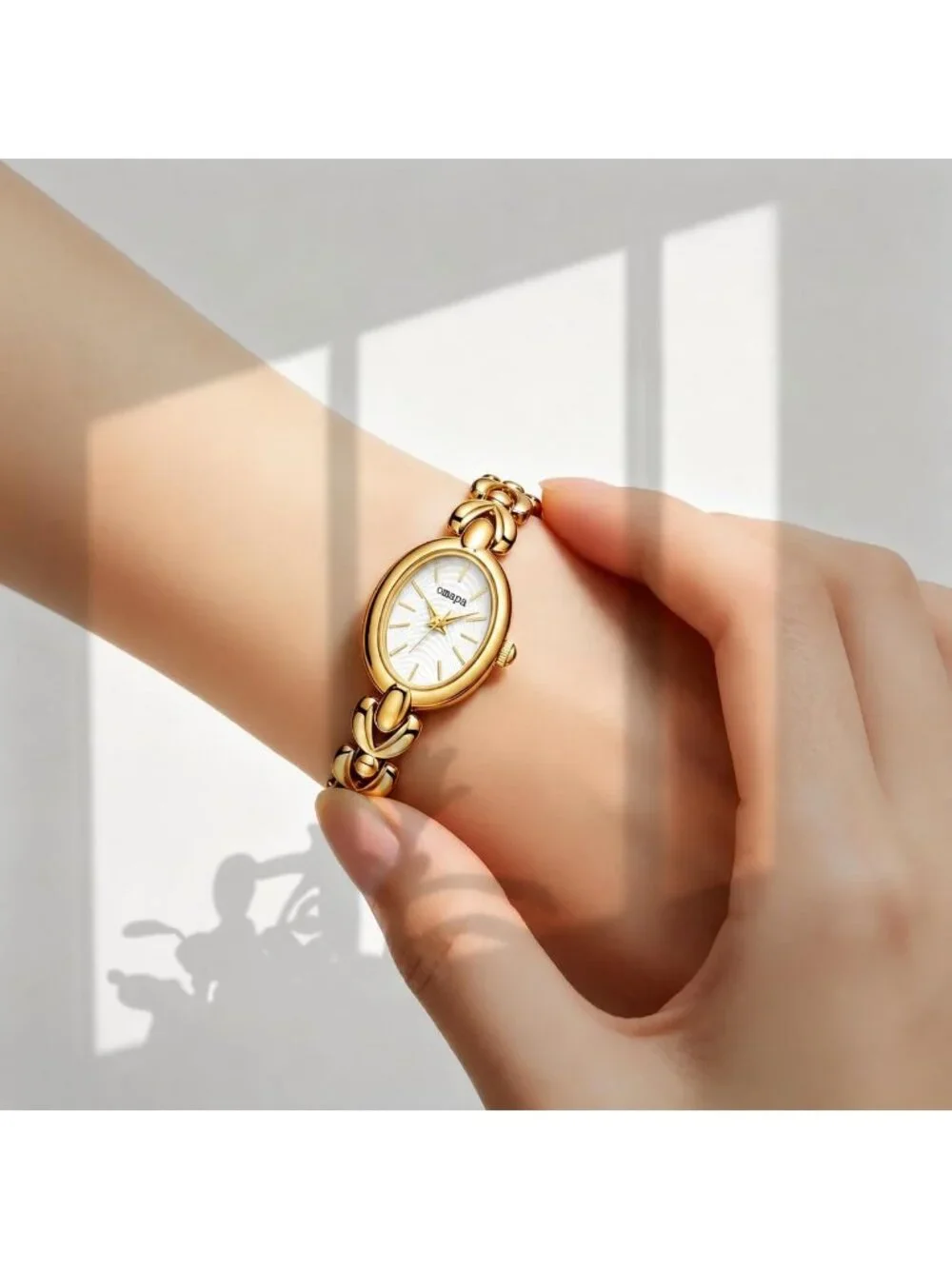 Women's Gold White Dainty Oval Adjustable Bracelet Vintage Stylish Wrist Watch